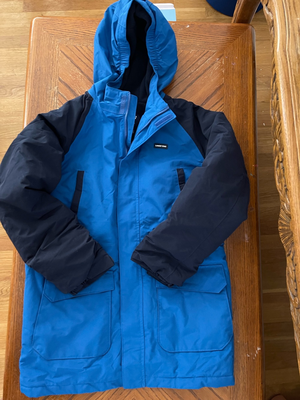 Lands' End Blue and Black Squall Kids' Hooded Puffer Jacket